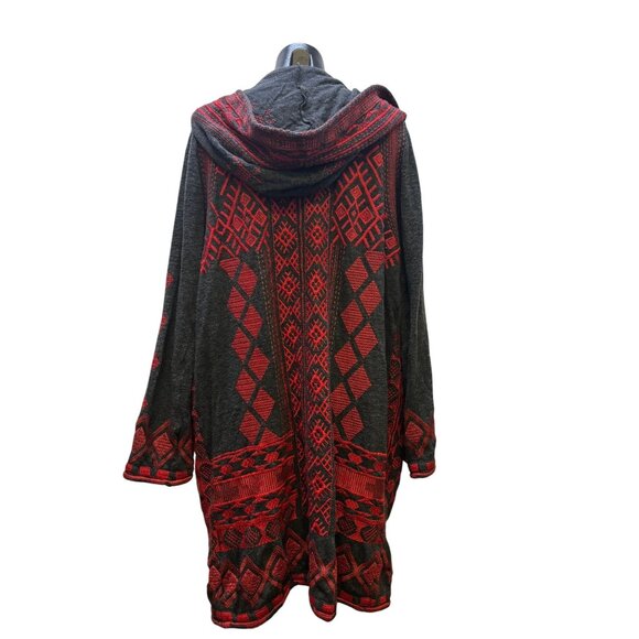 Urban Artisan Biya Hooded Cardigan Geometric Red & Grey Knit Sweater XL - Picture 2 of 7